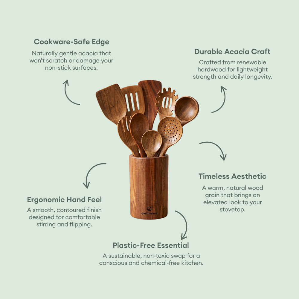 Acacia Wood Kitchen Utensils - 10 Piece Set