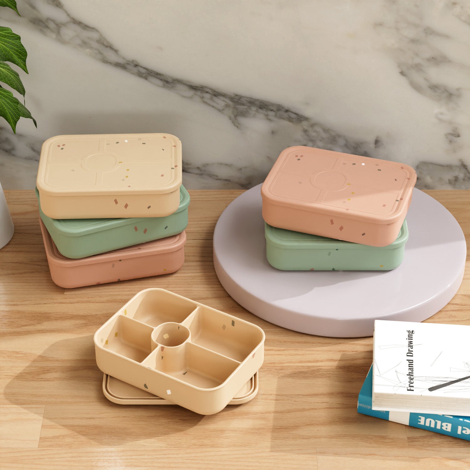 No-Tox Silicone Bento Lunch Box - 5 Compartments - Confetti Olive (1.2L)