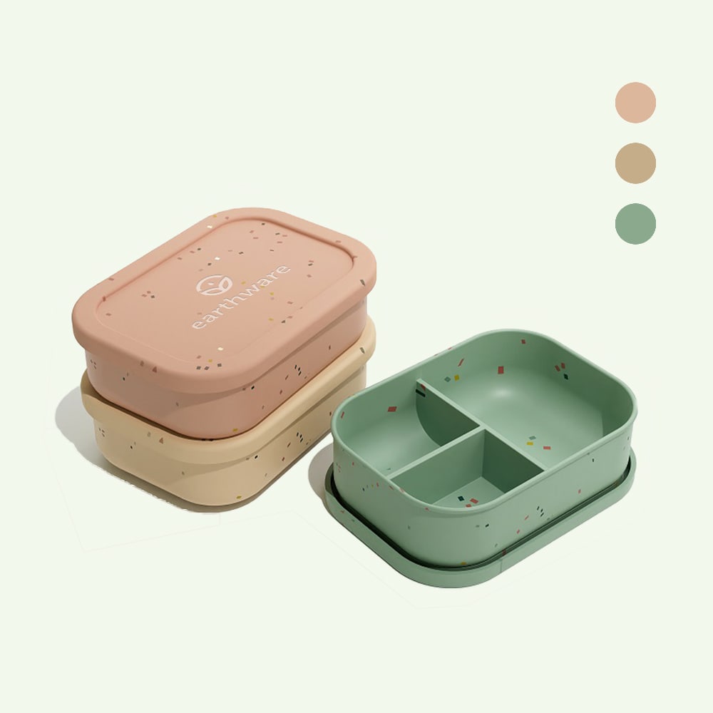 No-Tox Silicone Bento Lunch Box - 3 Compartments - Confetti Olive (715ml)