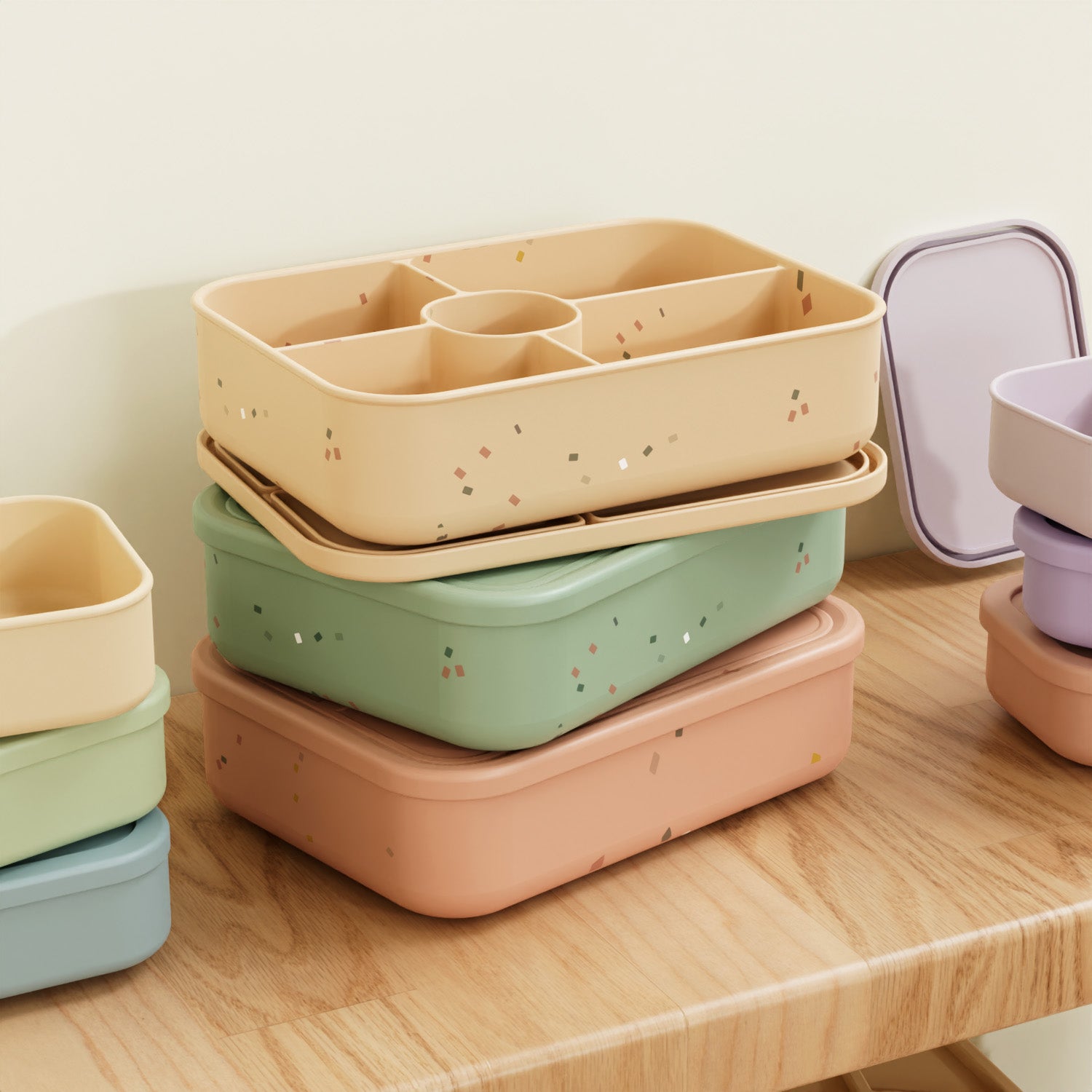 No-Tox Silicone Bento Lunch Box - 5 Compartments - Confetti Olive (1.2L)