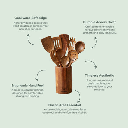 Acacia Wood Kitchen Utensils - 10 Piece Set
