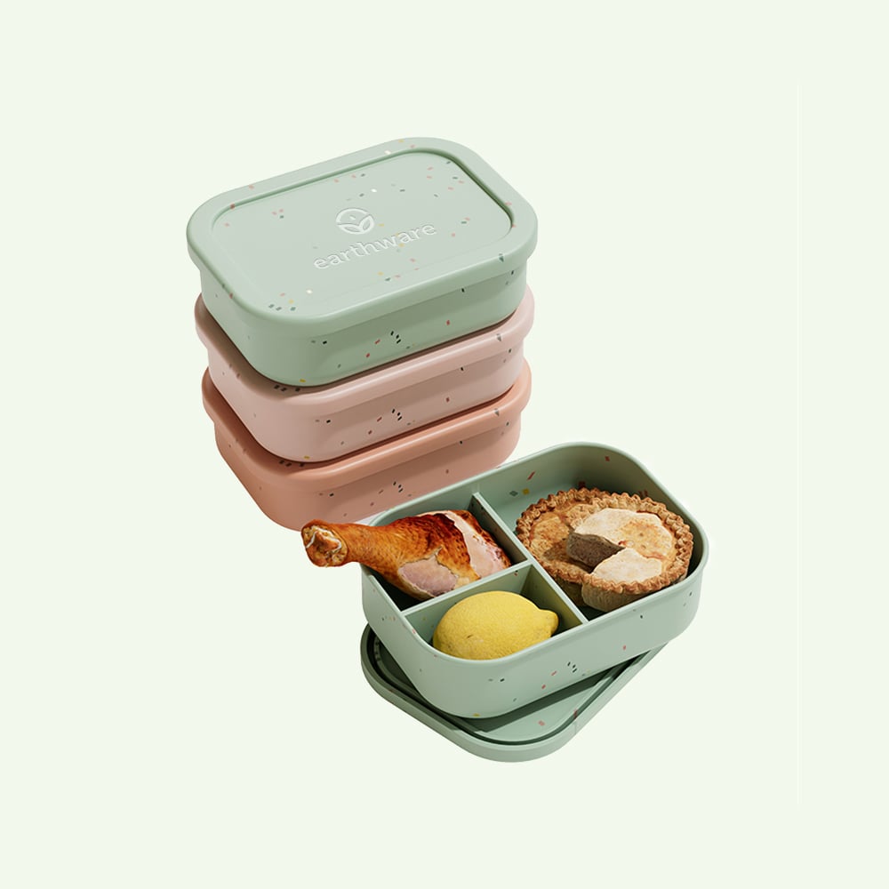 No-Tox Silicone Bento Lunch Box - 3 Compartments - Confetti Olive (715ml)