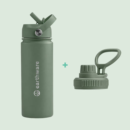 Premium Insulated Water Bottle with 2 x Caps - Deep Green (550ml)